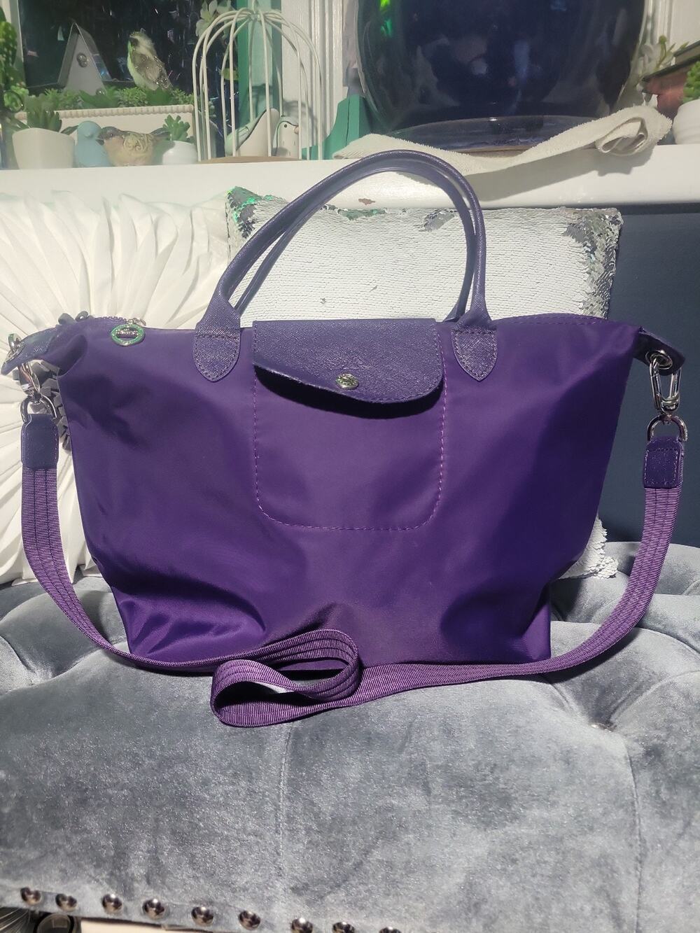 Auth LONGCHAMP Le Pliage Medium Nylon Purple w/ Original Strap !